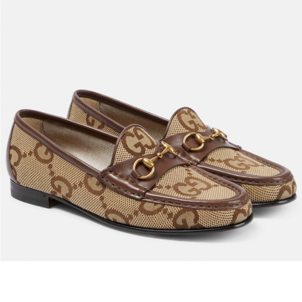 Gucci Jordaan GG Supreme Monogram Logo Canvas Horsebit Loafers